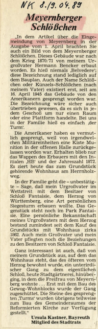 Leserbrief von Frau Ursula Kastner April 1989